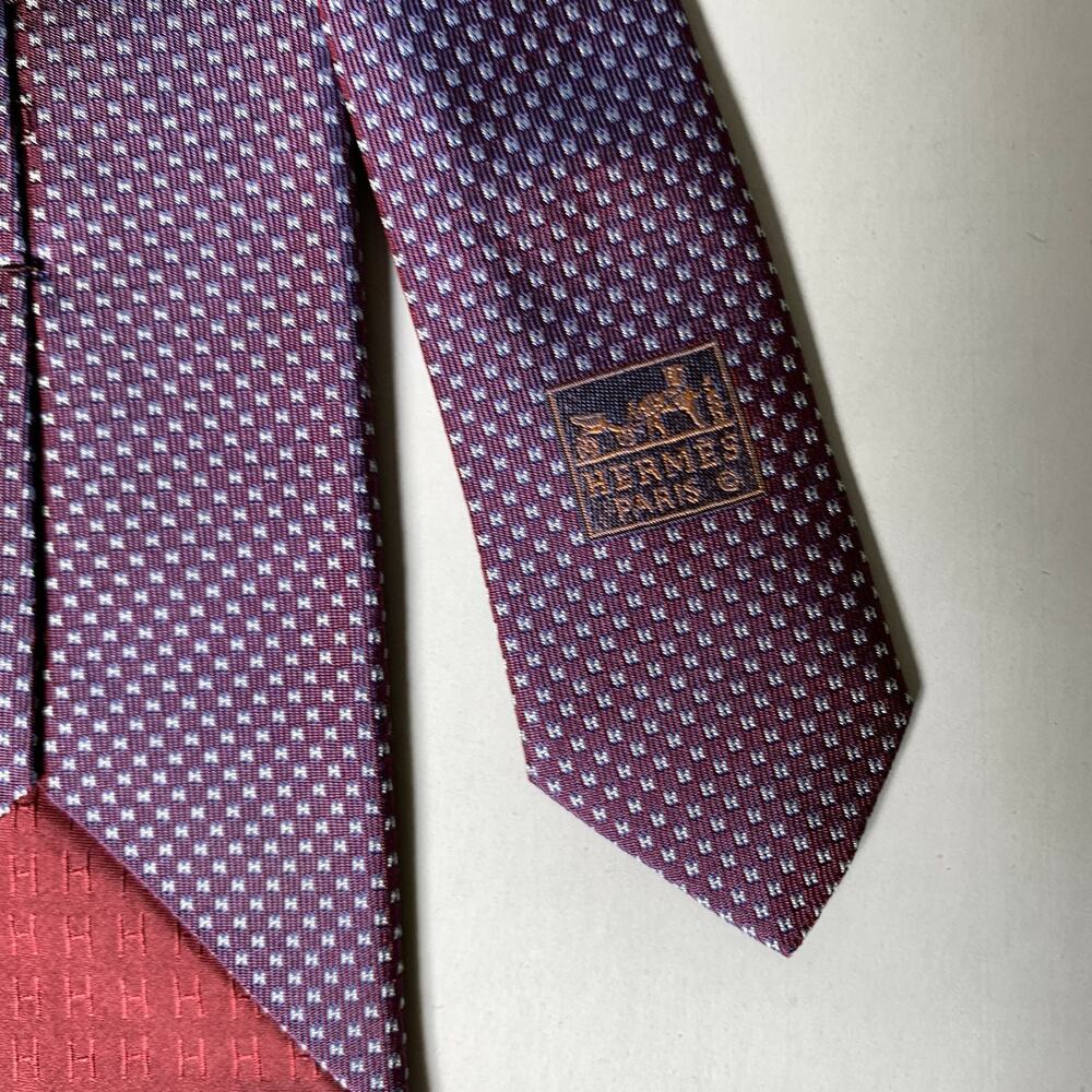 HERMES Purple Navy Cream Logo Silk Tie - Picture 3 of 4